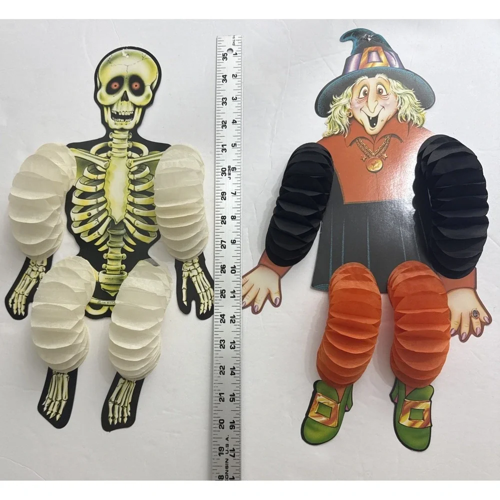 Halloween Beistle Witch Skeleton 2 Crepe Paper Honeycomb Decoration Vtg 1984 USA